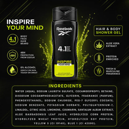Reebok Men 4-in-1 Inspire Your Mind Shower Gel 400ml - All-in-One Hair, Face & Body Wash for Deep Cleansing, Long Lasting Fre