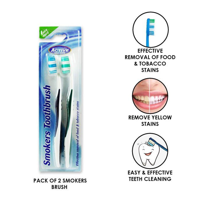 Beauty Formulas Active Smokers Extra Hard Toothbrush 2 Pack - Deep Cleaning Bristles for Stain Removal, Plaque Control & Oral