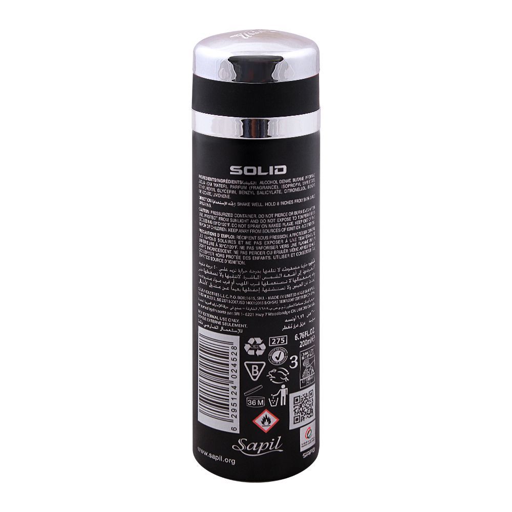 Sapil Solid Black Deodorant Body Spray for Men 200ml - Long Lasting Fresh Masculine Fragrance with Strong Odor Protection & A