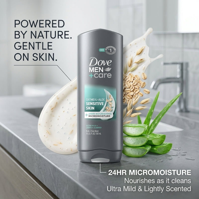Dove - Men + Care Body & Face Wash Usa Sensitive Skin Oatmeal & Aloe 13.5Oz/400ml