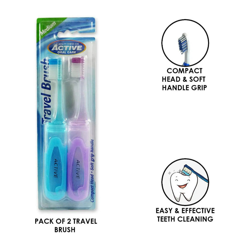 Beauty Formulas Active 2S Travel Medium Toothbrush - Compact Portable Oral Care Brush for Deep Cleaning & Daily Dental Hygien