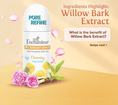 Enchanteur Radiant White Charming Pore Refine Roll-On Deodorant 50ml - Long Lasting Brightening Anti-Perspirant for Women Fre