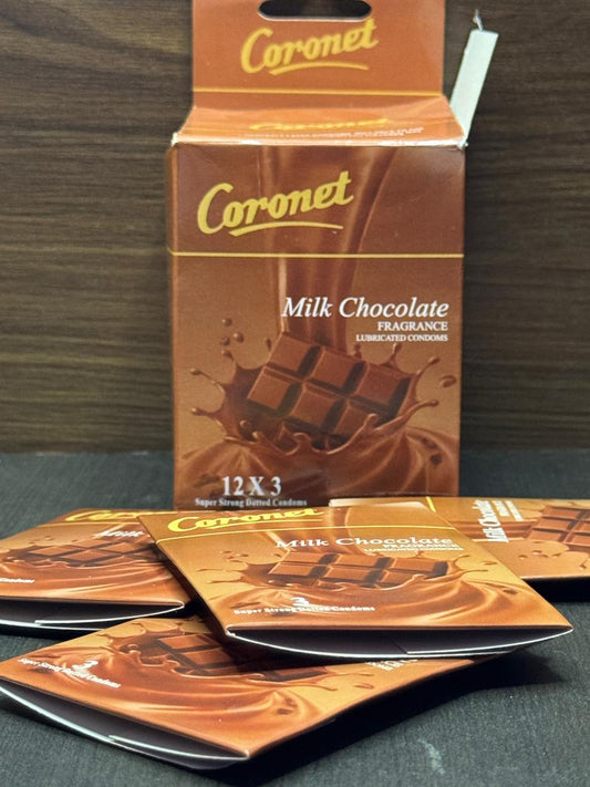 INNO Coronet Milk Chocolate Lubricated Condoms 36 Pcs (12 x 3 Packs) - Ultra Smooth, Flavored, Safe & Comfortable Protection 