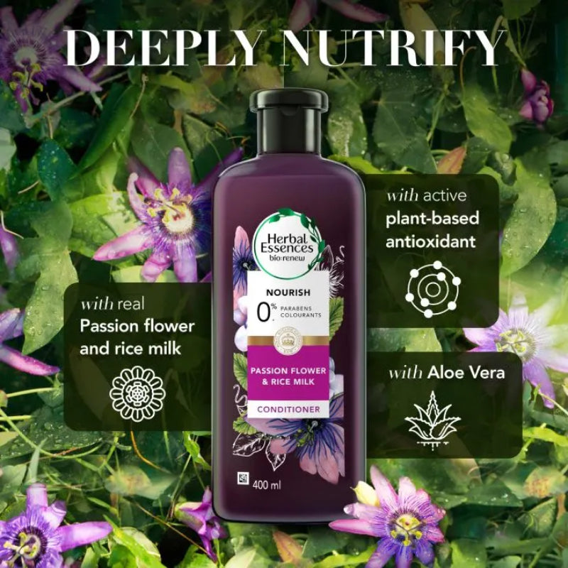 Herbal Essences Bio:Renew Nourish Passion Flower & Rice Milk Conditioner 400ml - Moisturizing Hair Conditioner for Smooth, So