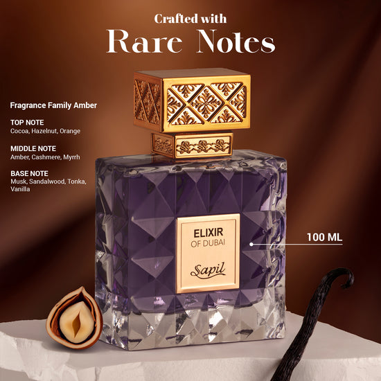 Sapil Elixir of Dubai Eau de Toilette for Men & Women 100ml - Long Lasting Oriental Woody Fragrance Perfume with Rich Amber N