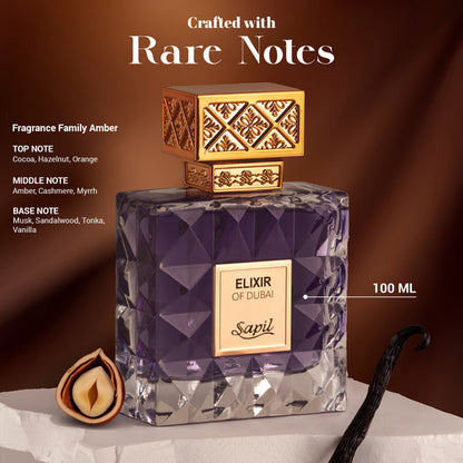 Sapil Elixir of Dubai Eau de Toilette for Men & Women 100ml - Long Lasting Oriental Woody Fragrance Perfume with Rich Amber N