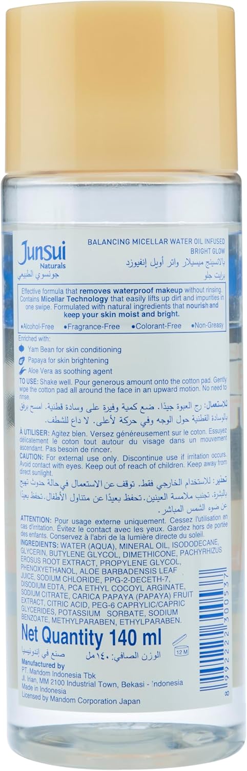 Junsui Naturals Balancing Bright Glow Micellar Water 140ml – Gentle Makeup Remover & Facial Cleansing Water for Deep Cleansin