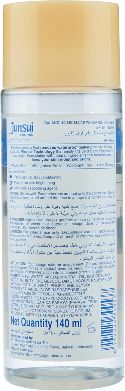 Junsui Naturals Balancing Bright Glow Micellar Water 140ml – Gentle Makeup Remover & Facial Cleansing Water for Deep Cleansin