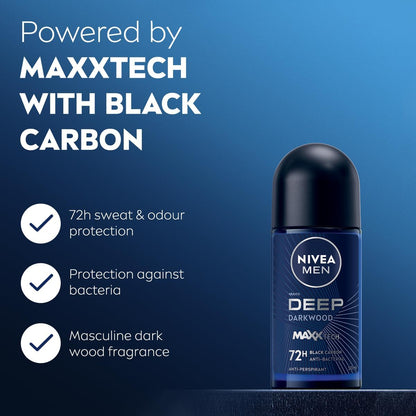 Nivea Men Deep Darkwood Black Carbon 72H Anti Perspirant Deodorant Roll On 50ml