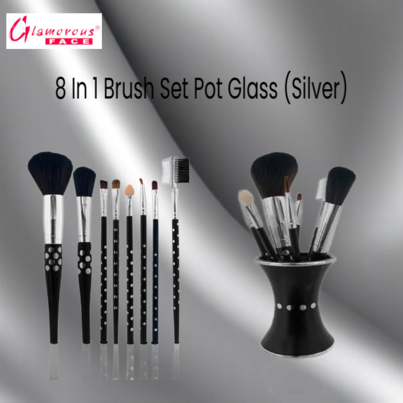 Glamorous Face 8 in 1 Brush Sets Pot Glass (Silver)