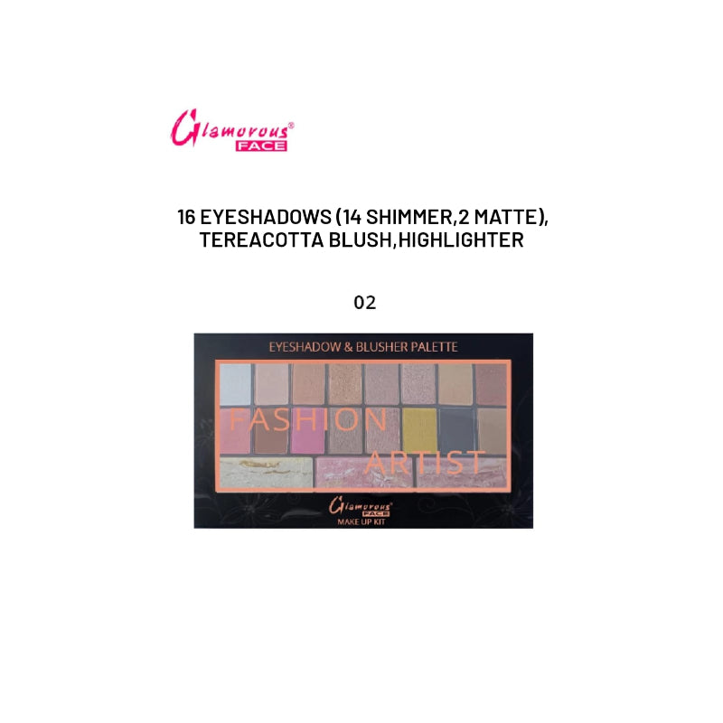 Glamorous Face Eyeshadow Palette 14 Shimmer, 2 Matte, Terracotta Blush, Highlighter (02)