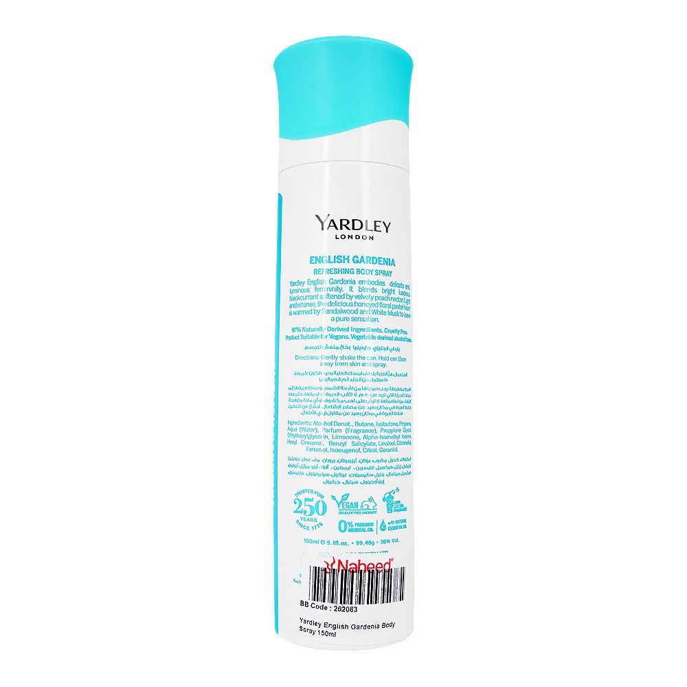 Yardley London English Gardenia Body Spray 150ml - Elegant Floral Gardenia Fragrance Body Mist with Soft White Floral Notes, 