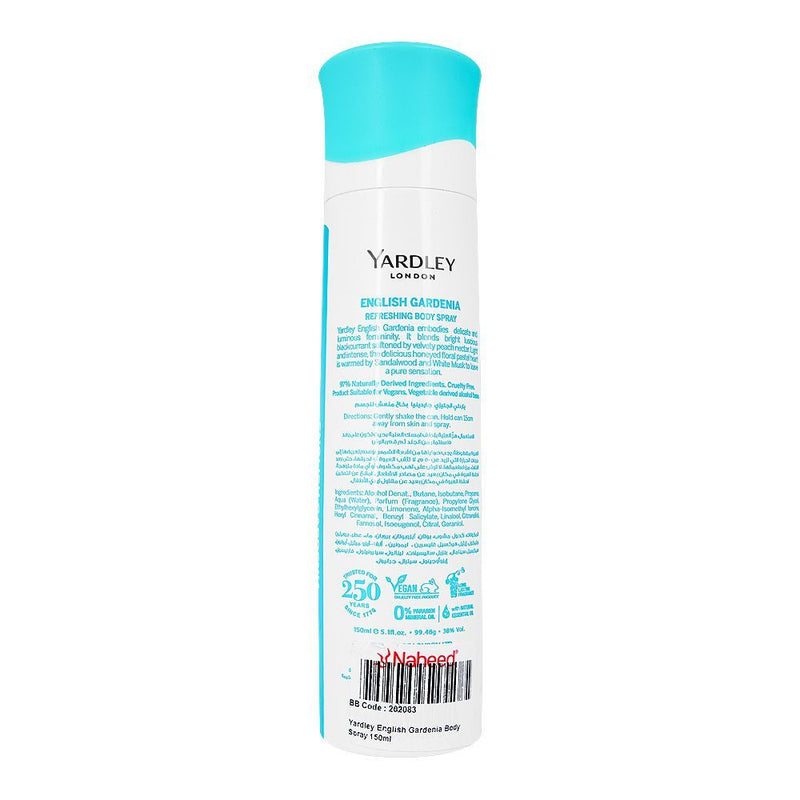 Yardley London English Gardenia Body Spray 150ml - Elegant Floral Gardenia Fragrance Body Mist with Soft White Floral Notes, 