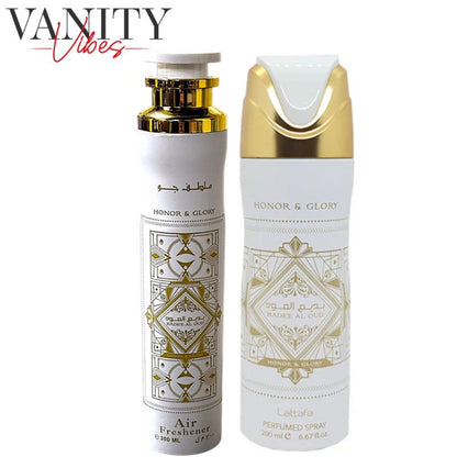 Badee Al Oud Honor & Glory Deodorant Spray 200ml + Badee Al Oud Honor & Glory Air Freshener 300ml by Lattafa (Pack of 2)