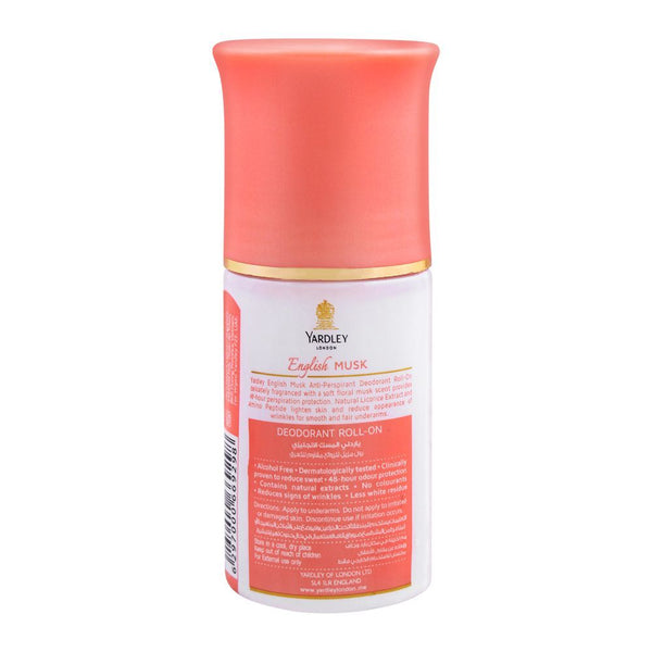 Yardley London English Musk Roll-On Deodorant for Women 50ml - Long Lasting Anti-Perspirant Roll-On with Soft Musky Floral Fr