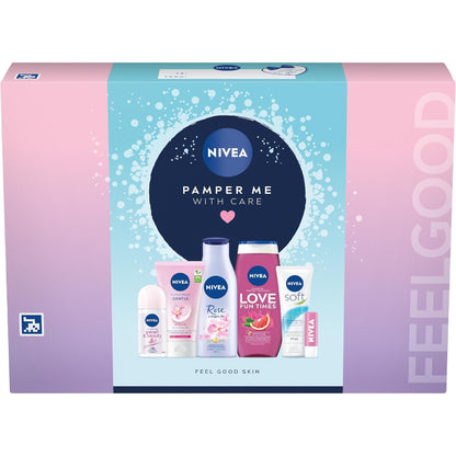 Nivea Pamper Me With Care Women’s Gift Set 6-Piece Shower Gel, Moisturising Cream, Body Lotion, Lip Balm, Roll-On & Cream Was