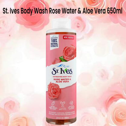 St Ives Rose Water & Aloe Vera Body Wash 650ml - Hydrating & Refreshing Shower Gel for Soft & Glowing Skin