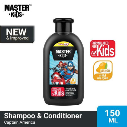 Master Kids Captain America 2-in-1 Shampoo & Conditioner 150ml - Gentle Kids Hair Care Formula for Soft Smooth Hair, Tear-Fre