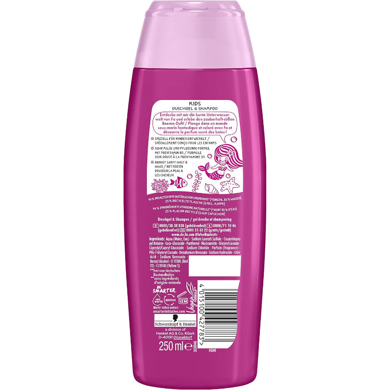 Fa Kids Dive into an Underwater Fantasy Berry Scent 2-in-1 Shower Gel & Shampoo 250ml – Gentle to Skin, 95% Naturally Derived