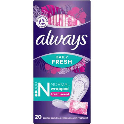 Always Daily Fresh Normal Wrapped Pantyliners 20pcs - Fresh Scent Daily Liners for Everyday Freshness, Individually Wrapped, 