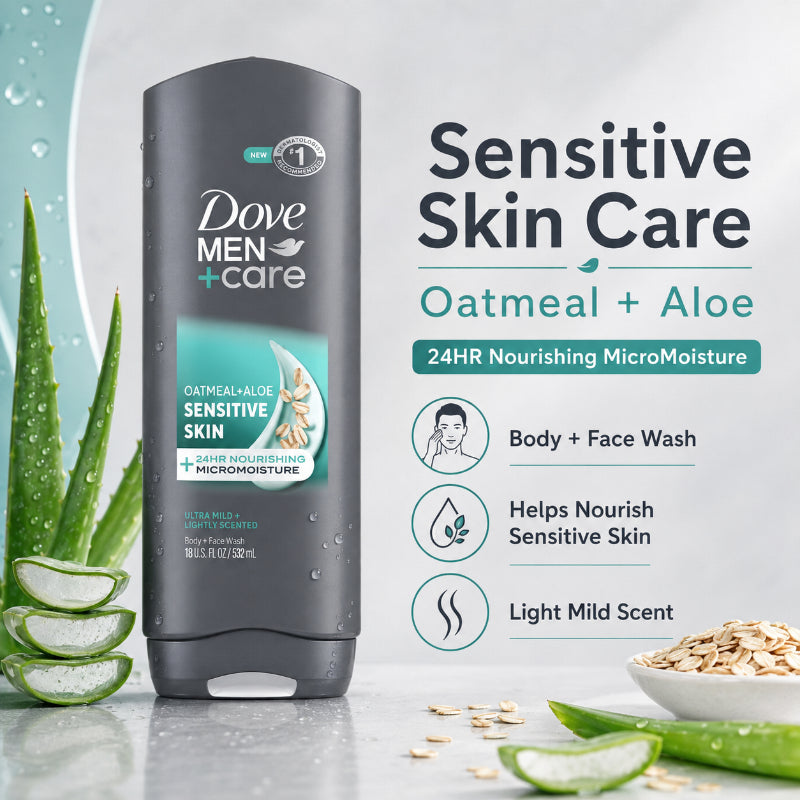 Dove - Men + Care Body & Face Wash Usa Sensitive Skin Oatmeal & Aloe 13.5Oz/400ml