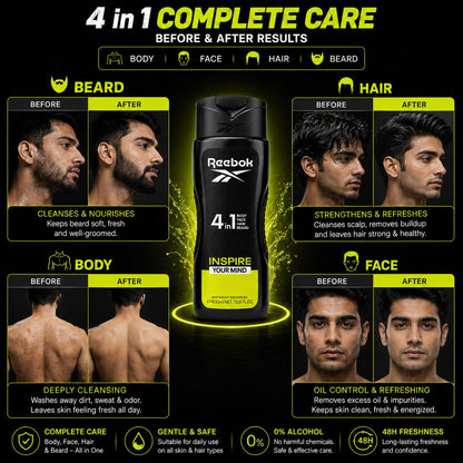 Reebok Men 4-in-1 Inspire Your Mind Shower Gel 400ml - All-in-One Hair, Face & Body Wash for Deep Cleansing, Long Lasting Fre