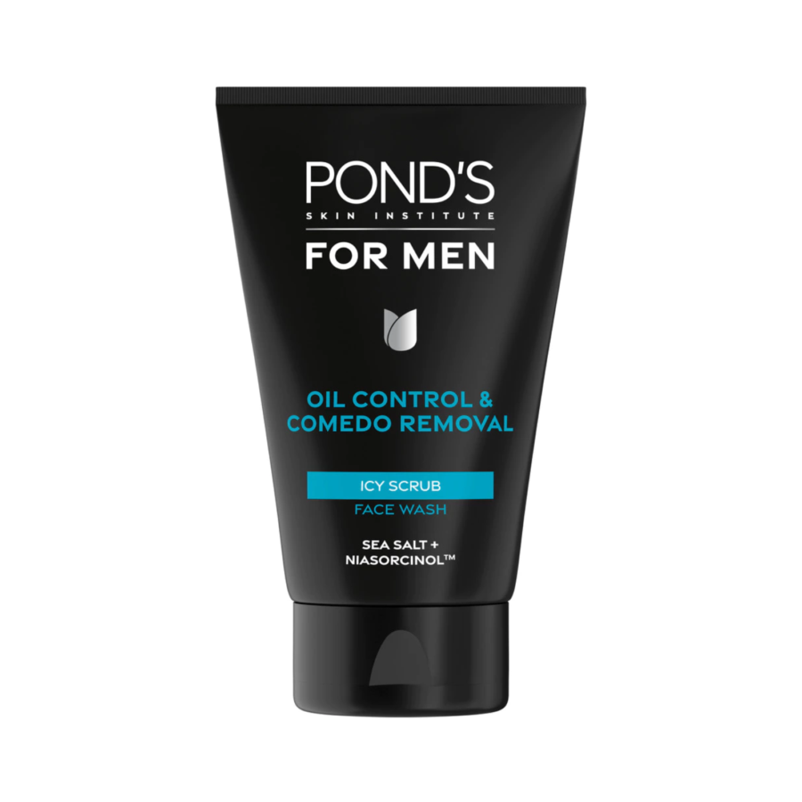 PONDS Pond’s Men Oil Control & Comedo Removal Icy Scrub Face Wash 100g - With Sea Salt & Niasorcinol for Clear, Refreshed Ski