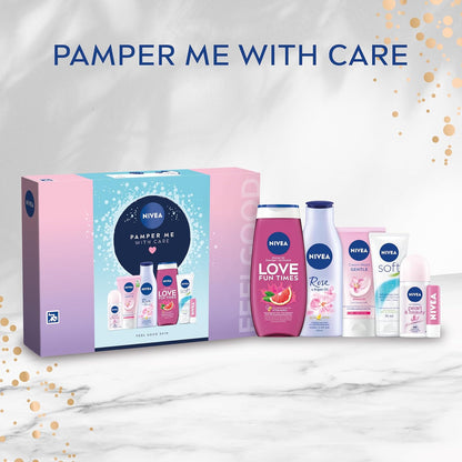 Nivea Pamper Me With Care Women’s Gift Set 6-Piece Shower Gel, Moisturising Cream, Body Lotion, Lip Balm, Roll-On & Cream Was