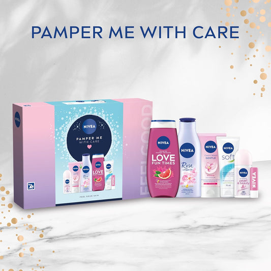 Nivea Pamper Me With Care Women’s Gift Set 6-Piece Shower Gel, Moisturising Cream, Body Lotion, Lip Balm, Roll-On & Cream Was