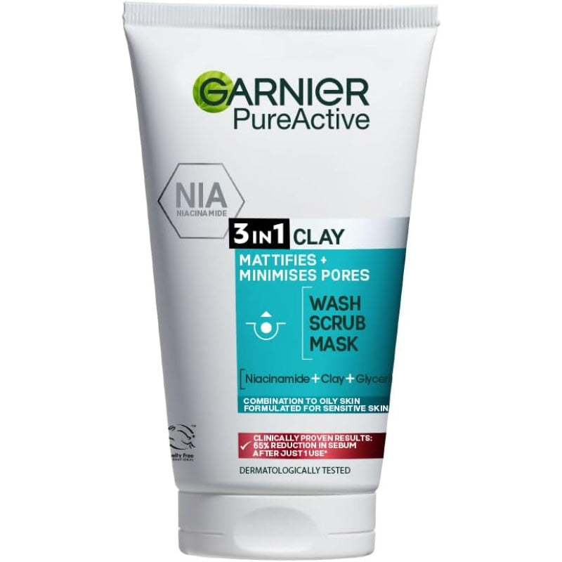 Garnier Pure Active 3-in-1 Clay Wash, Scrub & Mask 150ml Deep Cleansing & Oil Control
