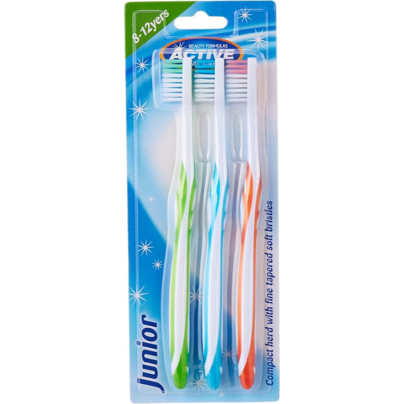 Beauty Formulas Active 3S Junior Toothbrush (Ages 8 - 12 Years) - Soft Bristles Kids Dental Care Brush for Gentle Cleaning & 