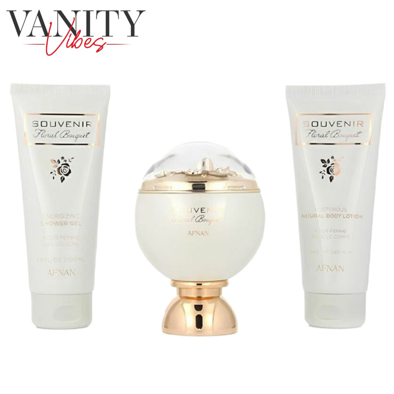 Afnan Souvenir Floral Bouquet Gift Set, EDP 100ml / Shower gel 100ml / Natural Body Lotion 100ml