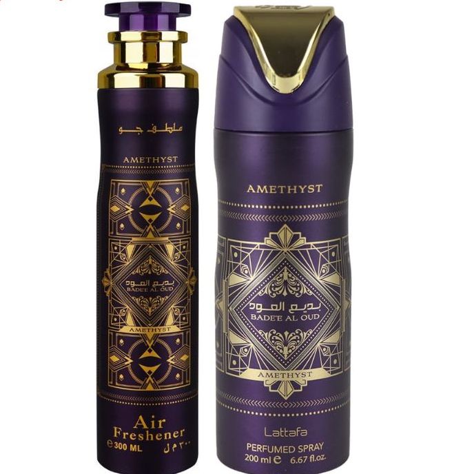 Badee Al Oud Amethyst Deodorant Spray 200ml + Badee Al Oud Amethyst Air Freshener 300ml by Lattafa (Pack of 2)