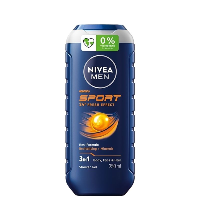 Nivea Men Men Sport 3in1 Body Face & Hair Shower Gel 250ml - Refreshing 3in1 Body Wash with Minerals for Deep Cleansing, Oil 