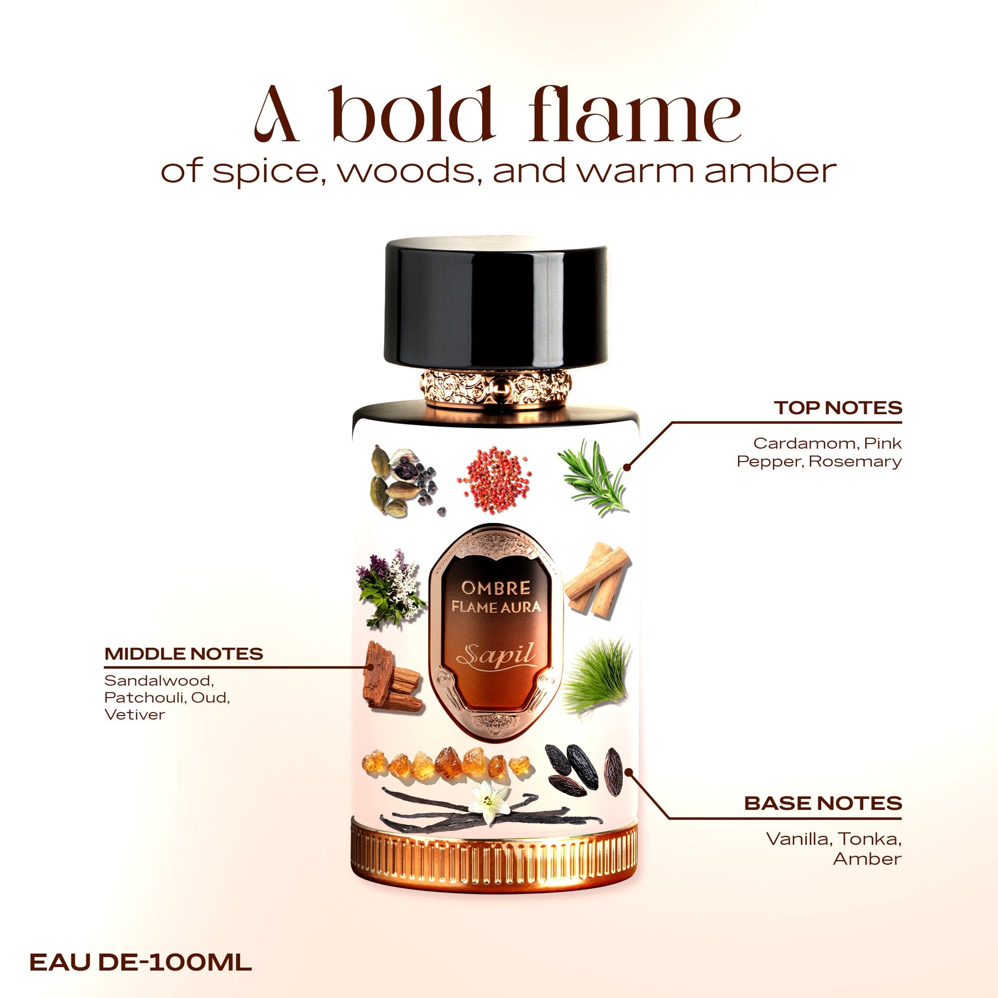 Sapil Ombre Flame Aura Eau de Parfum for Men 100ml - Long Lasting Woody Spicy Fragrance Perfume with Warm Amber Notes, Bold M