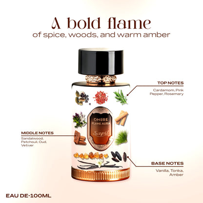 Sapil Ombre Flame Aura Eau de Parfum for Men 100ml - Long Lasting Woody Spicy Fragrance Perfume with Warm Amber Notes, Bold M