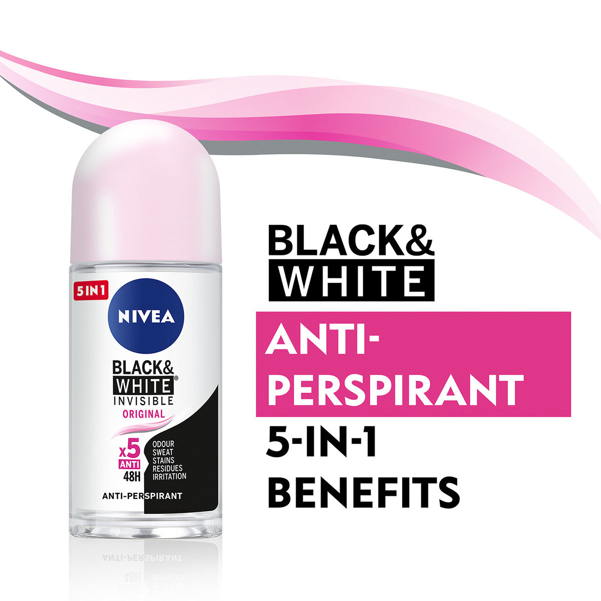 Nivea 5-In-1 Black & White Invisible Original x5 Anti Roll On 50ml for Women