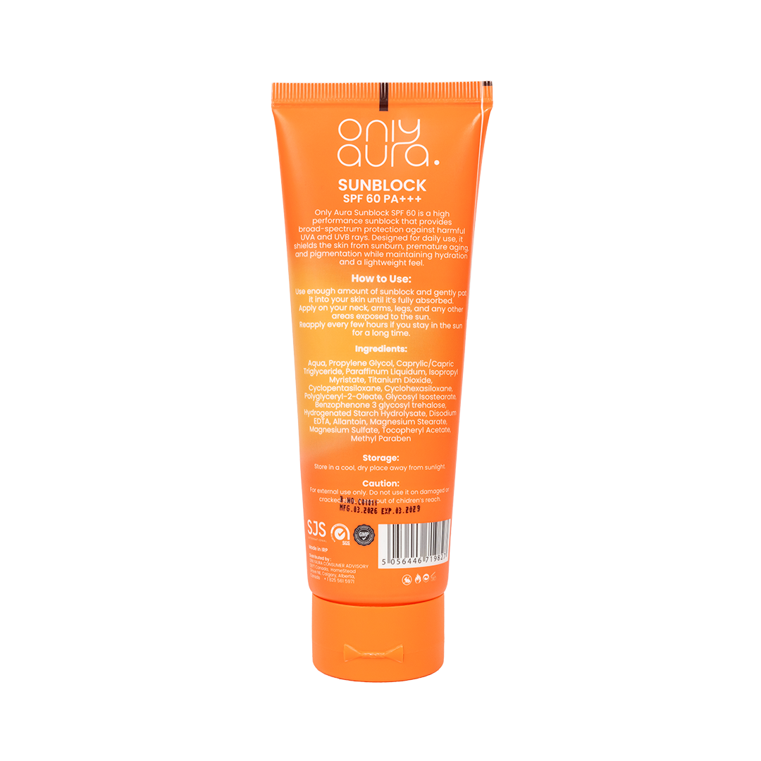 Only Aura Sun Block SPF60 50ml - High Protection Sunscreen for UVA/UVB Defense, Sunburn Prevention, Skin Hydration & Daily Ou