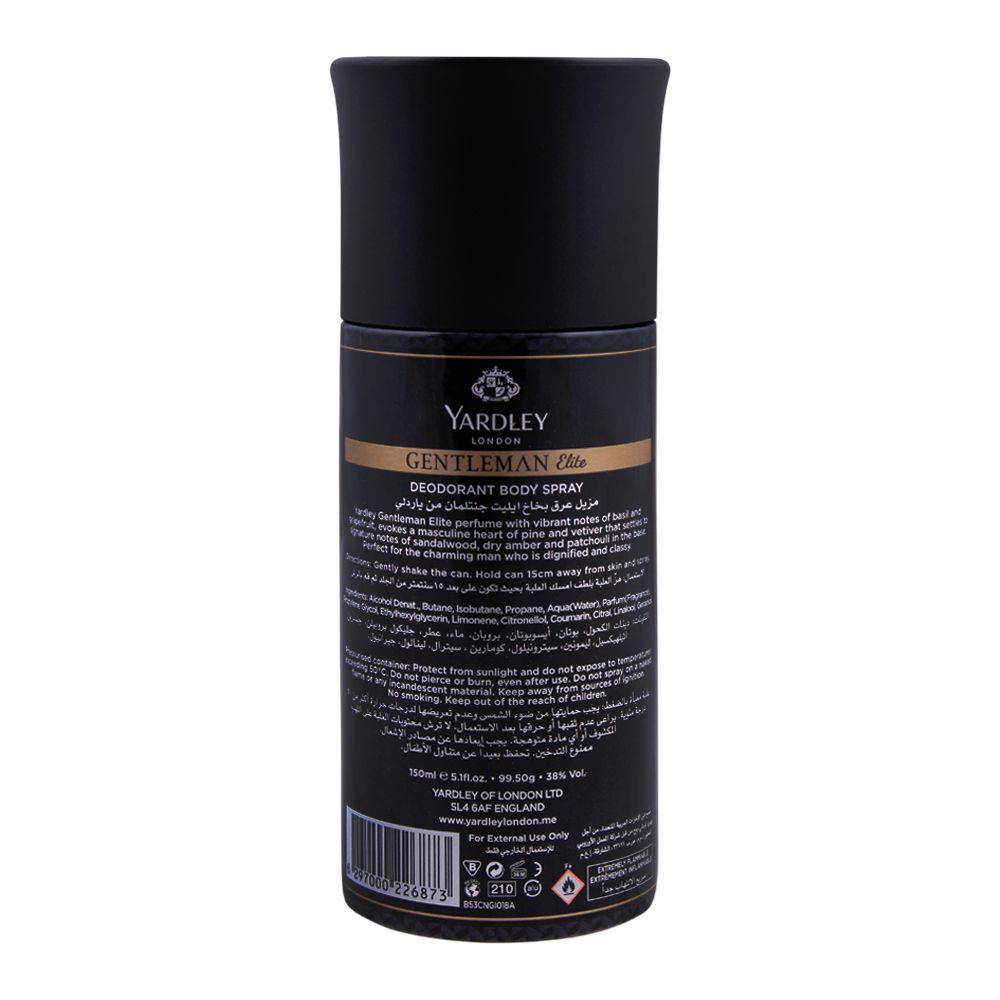 Yardley London Gentleman Elite Deodorant Body Spray 150 ml Premium Masculine Fragrance & Long‑Lasting Freshness