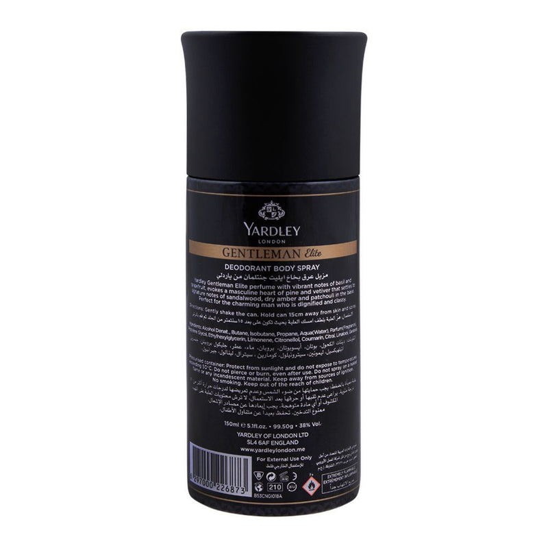 Yardley London Gentleman Elite Deodorant Body Spray 150 ml Premium Masculine Fragrance & Long‑Lasting Freshness