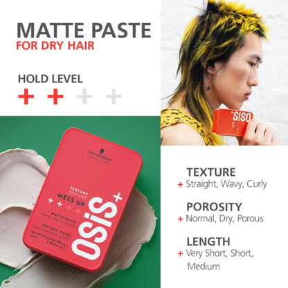 Schwarzkopf Osis+ Texture Mess Up Matte Paste 100ml Matte Finish & Flexible Styling