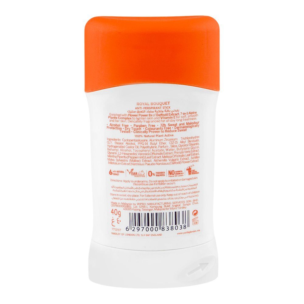 Yardley London Royal Bouquet 72H Anti-Perspirant Deodorant Stick 40g – Long Lasting Floral Fragrance with Vitamin E, 72 Hour 