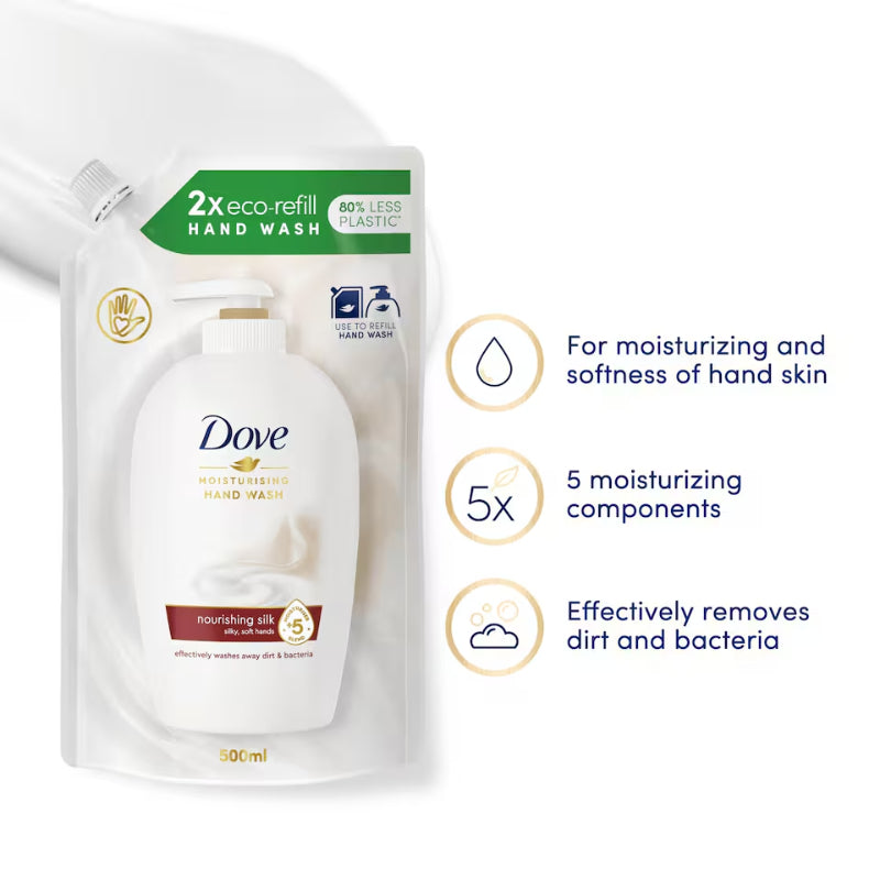 Dove 2X Eco Refill Moisturising Hand Wash Nourishing Silk 500ml – Gentle Cleansing Hand Soap for Soft, Smooth & Hydrated Hand