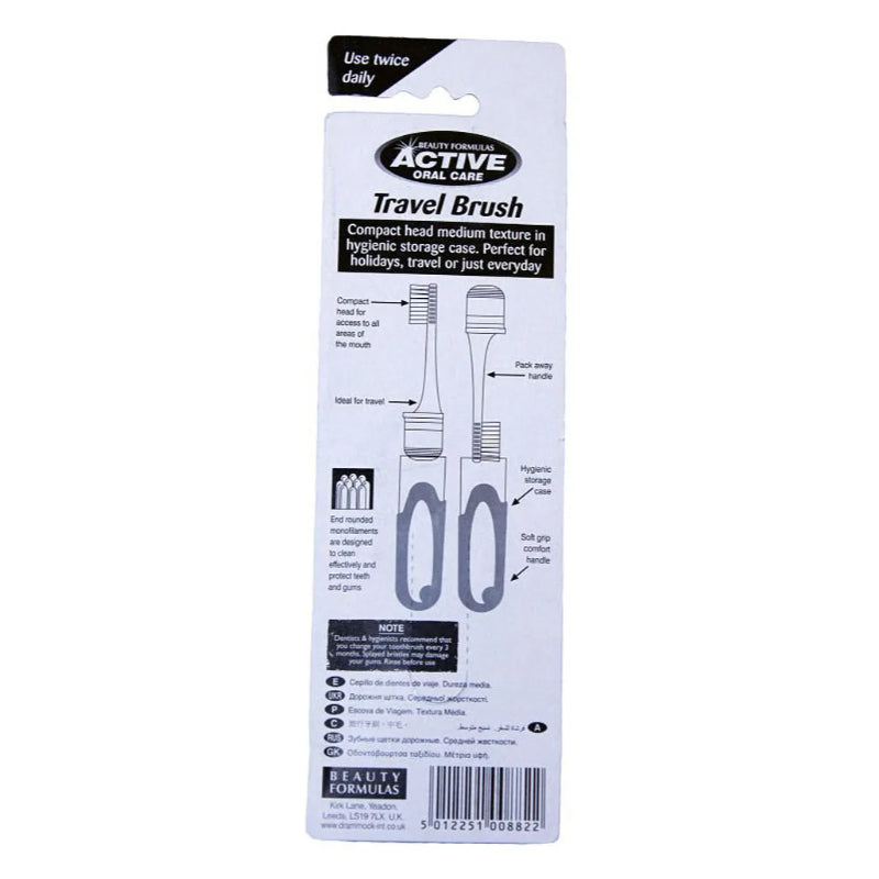 Beauty Formulas Active 2S Travel Medium Toothbrush - Compact Portable Oral Care Brush for Deep Cleaning & Daily Dental Hygien