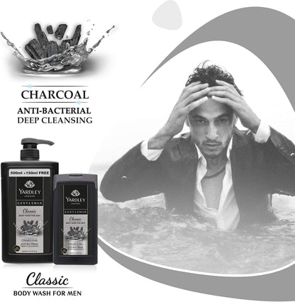 Yardley London Gentleman Classic Charcoal Anti-Bac Body Wash 180ml – Deep Cleansing Men’s Shower Gel with Activated Charcoal,
