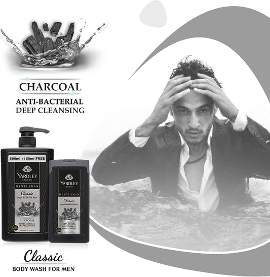 Yardley London Gentleman Classic Charcoal Anti-Bac Body Wash 180ml - Deep Cleansing Men’s Shower Gel with Activated Charcoal,