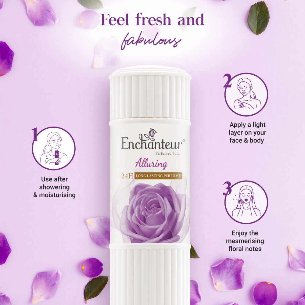 Enchanteur Alluring Perfumed Talc Powder 250g - Long Lasting Floral Fragrance Body Powder for Soft, Fresh & Smooth Skin Odor 