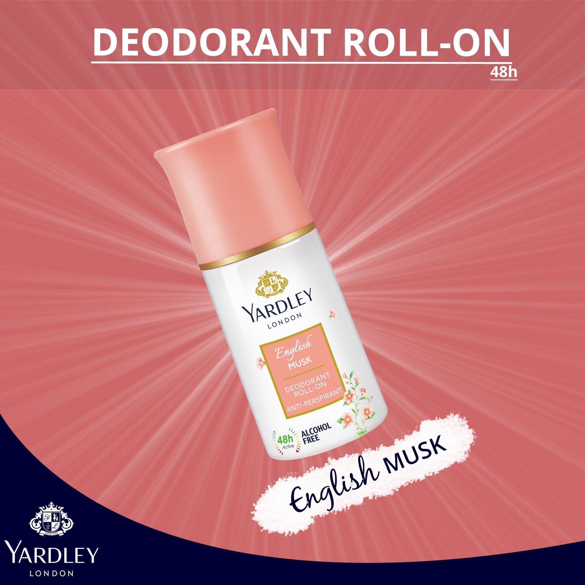 Yardley London English Musk Roll-On Deodorant for Women 50ml - Long Lasting Anti-Perspirant Roll-On with Soft Musky Floral Fr