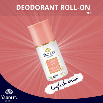 Yardley London English Musk Roll-On Deodorant for Women 50ml - Long Lasting Anti-Perspirant Roll-On with Soft Musky Floral Fr