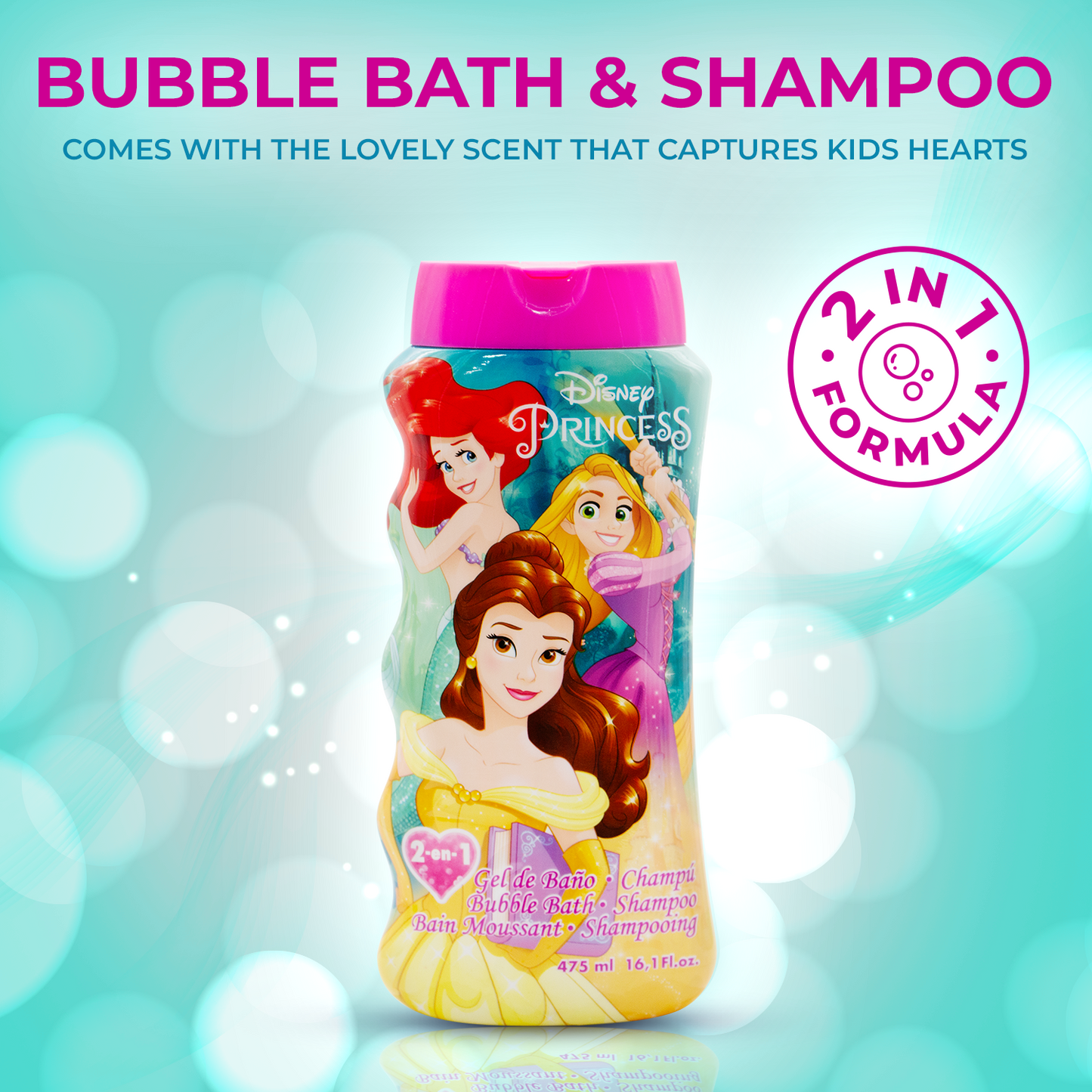 Lorenay Disney Princess 2-in-1 Bubble Bath & Shampoo 475ml - Gentle Kids Hair & Body Wash for Soft Cleansing, Tear-Free Formu